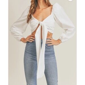 Mable Boho Angel Front Ribbon Self Tie Top Puff Sleeve MED White Cottage Flaw